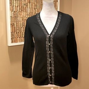 Anthropologie Odille Black 100% Cotton Button Down Cardigan with Lace Trim